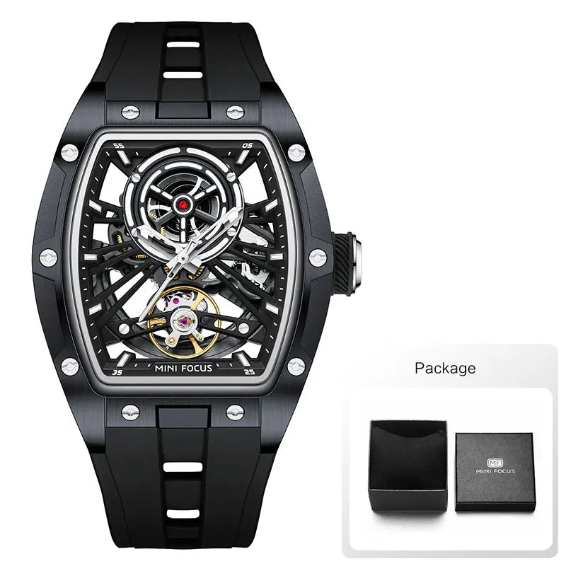 MINI FOCUS Herren-Armbanduhr, modisch, schwarz, wasserdicht, automatische mechanische Uhr mit Leuchtzeigern, Silikonarmband und Tonneau-Zifferblatt