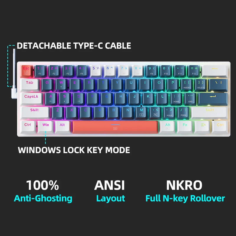 K500-B61 Machenike Mini Teclado Mecânico 60% 61 Teclas Gaming com Fio, Totalmente Hot-Swappable, Retroiluminação RGB