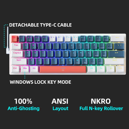 K500-B61 Machenike Mini Teclado Mecânico 60% 61 Teclas Gaming com Fio, Totalmente Hot-Swappable, Retroiluminação RGB