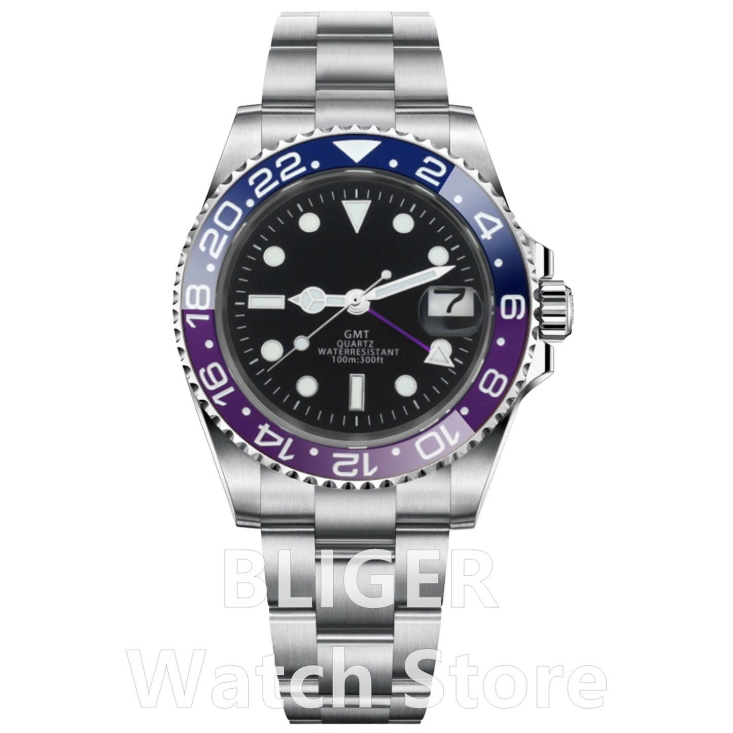 BLIGER 40mm 515 24H GMT Men's Watch Stainless Steel Clasp Luminous Quartz Movement Ceramic Bezel Sapphire Glass 10Bar Waterproof