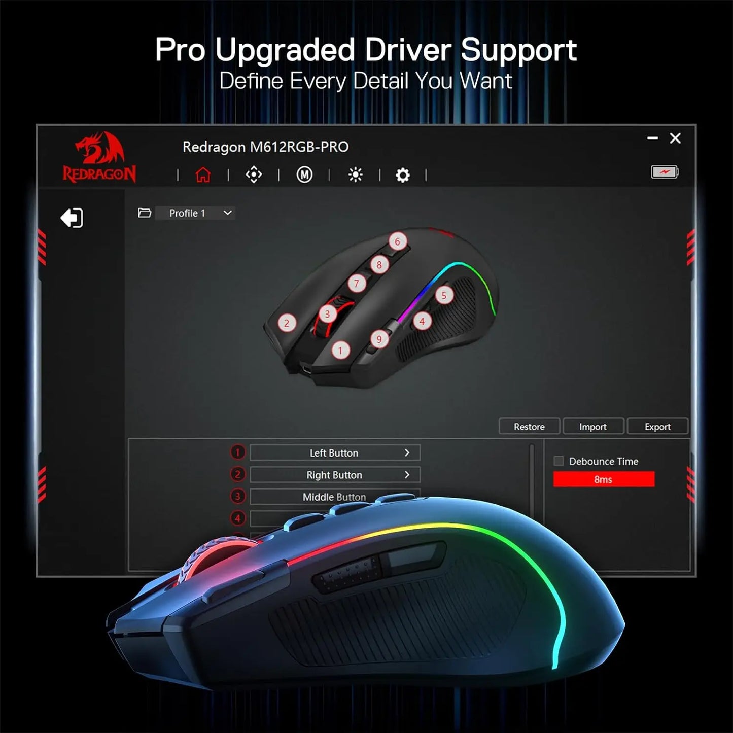 Redragon M612 PRO BT & 2.4 RGB Gaming Mouse, 8000 DPI Wired/Wireless Optical Gamer Mice, 11 Programmable Buttons & 6 Backlit Modes