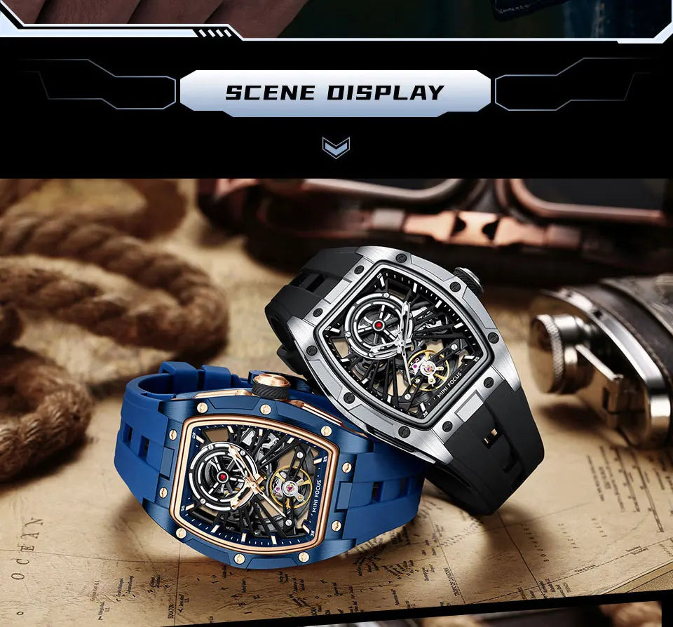 MINI FOCUS Herren-Armbanduhr, modisch, schwarz, wasserdicht, automatische mechanische Uhr mit Leuchtzeigern, Silikonarmband und Tonneau-Zifferblatt