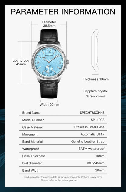 Specht & Söhne New Arrivals 1908 Automatic Watches For Men Stainless Steel Seagull Movt Mechanical Wristwatch 50M Waterproof