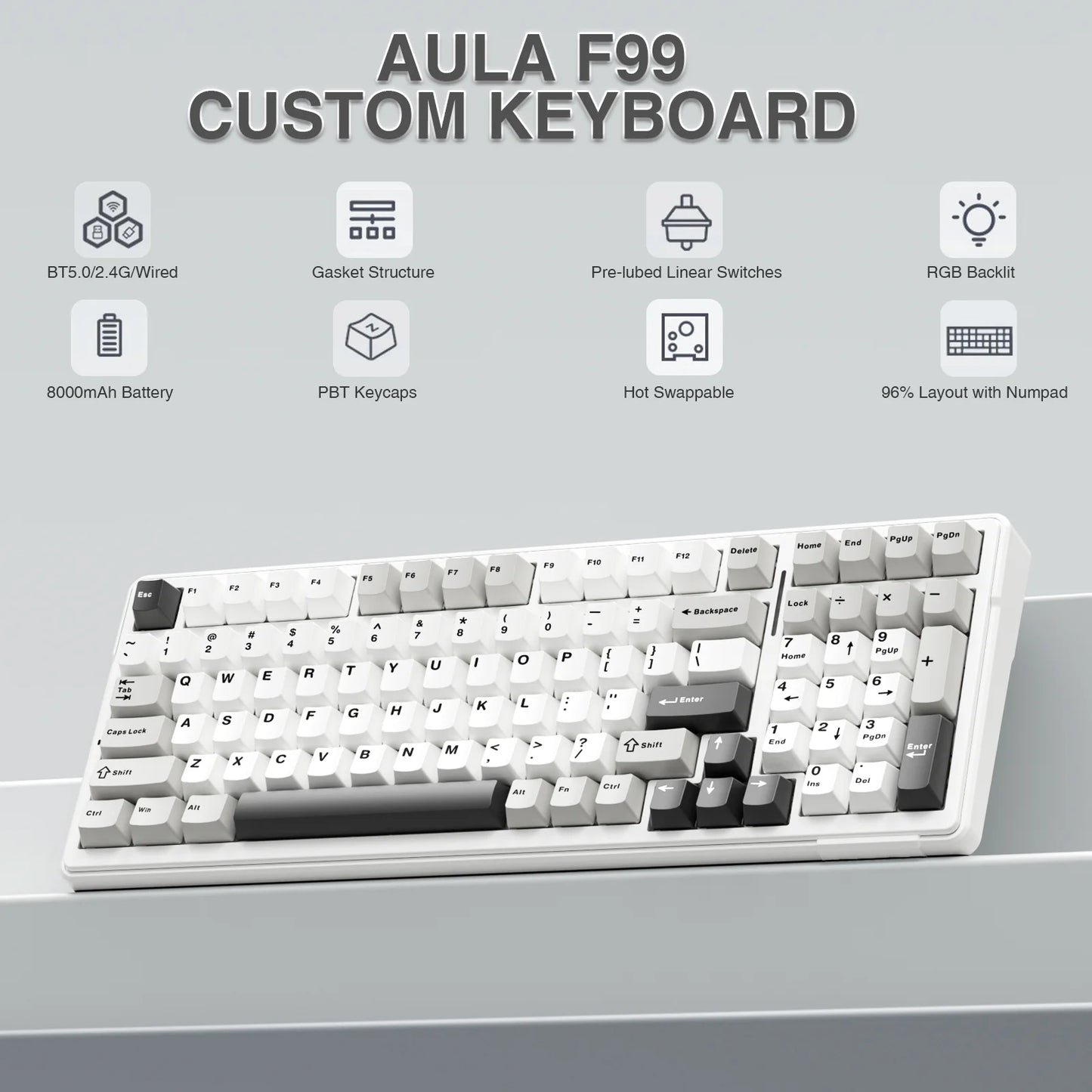 Teclado mecânico AULA F99 Bluetooth 5.0/2.4G sem fios/com fios, teclado gaming com montagem gasket, 99 teclas, personalizável