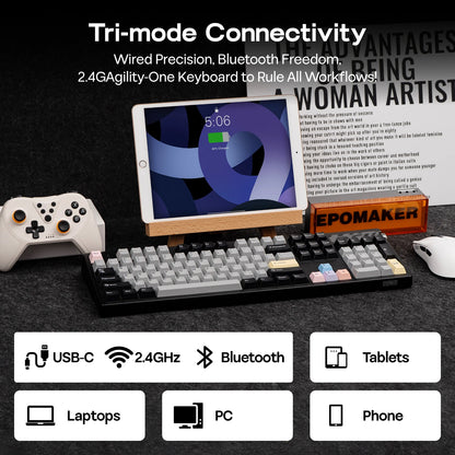 Teclado Mecânico EPOMAKER TH108 PRO 100% Full-Size Hot-Swap com Fio/BT/2.4Ghz sem Fios, Ecrã, Botão Rotativo e Bateria de 10000mAh