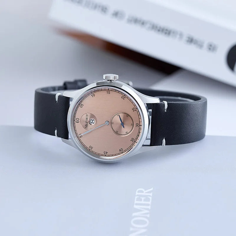 Milifortic Jumping Hour Auto R077 Vintage Small Seconds ST17 Movement Jump Hour Salmon Dial Men Watches