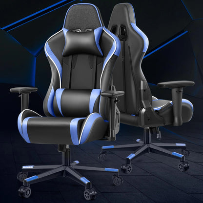 Gaming Chair, Ergonomic PU Leather Office Chair, Reclining Swivel Computer Chair with Headrest Lumbar Support, Black Blue