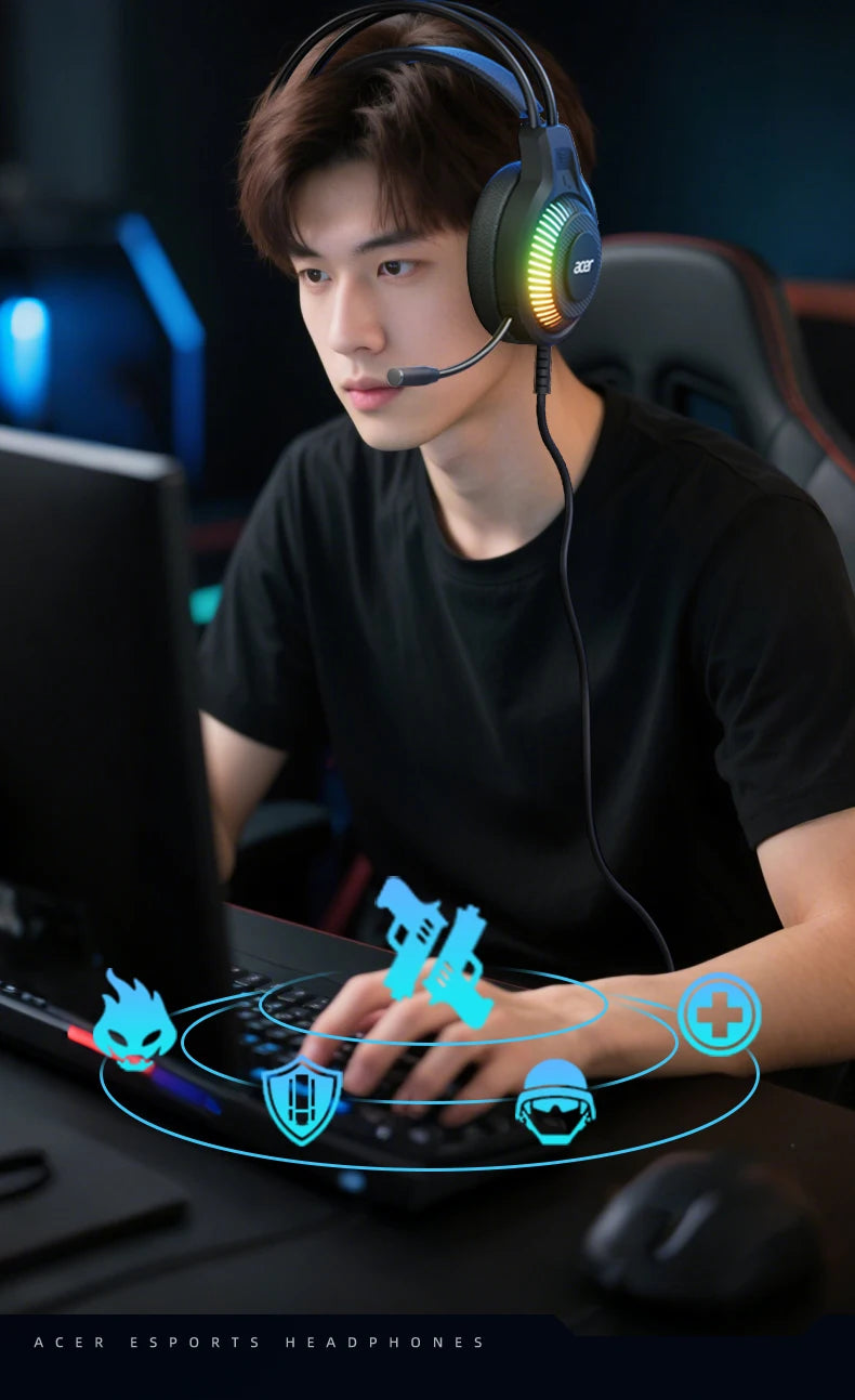 Auricolari gaming cablati RGB con microfono – Cuffie gaming con suono surround a bassa latenza, illuminazione RGB d’effetto, isolamento acustico e vestibilità confortevole