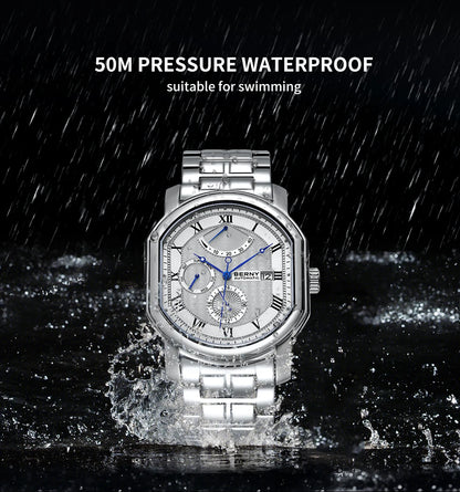 BERNY Men's Mechanical Watch, Top Accuracy, Automatic Wristwatch, Luxury Male Clock, Sapphire, Self-Winding, Waterproof
