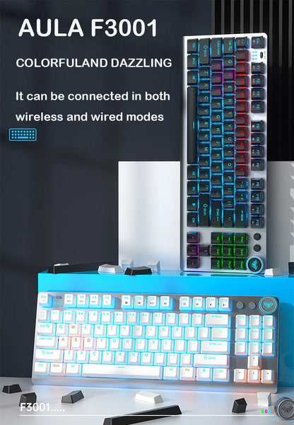 AULA F3001 Mechanical Keyboard Bluetooth Wireless Three Mode Metal Panel Two-color Injection Molding Cool Backlight Effect 87 Key
