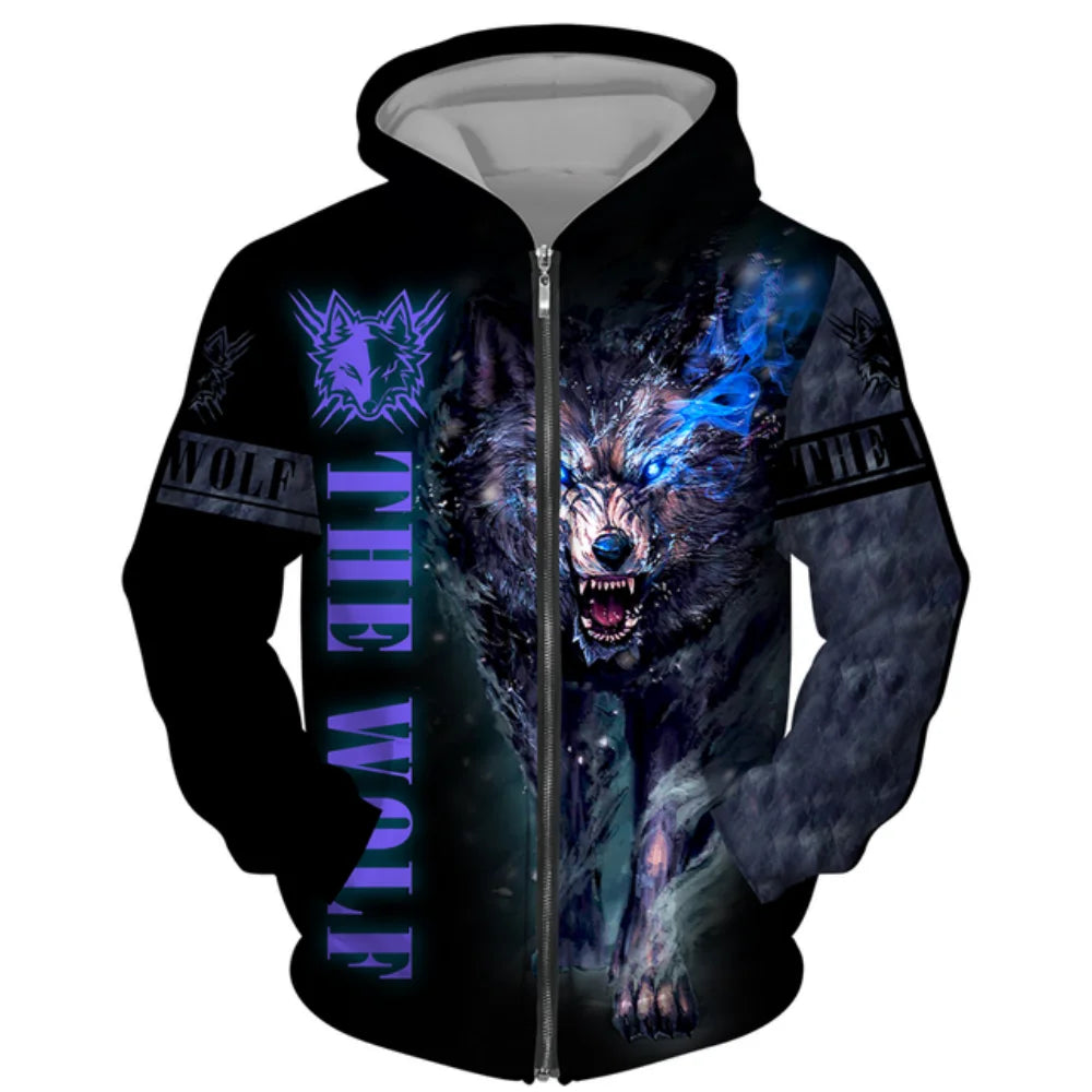 3D Wolf Print Men Zipper Hoodies Fashion Animal Pattern Top Coat Street Punk Style Oversized Sweatshirts Outdoor Leisure Jackets
