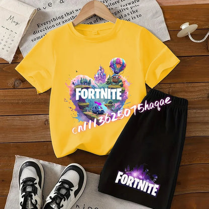 Angesagtes Fortnite-Kinder-Set mit T-Shirt und Shorts, Cartoon-Figur-Print, Sommer-Freizeit-Sportbekleidung für Jungen