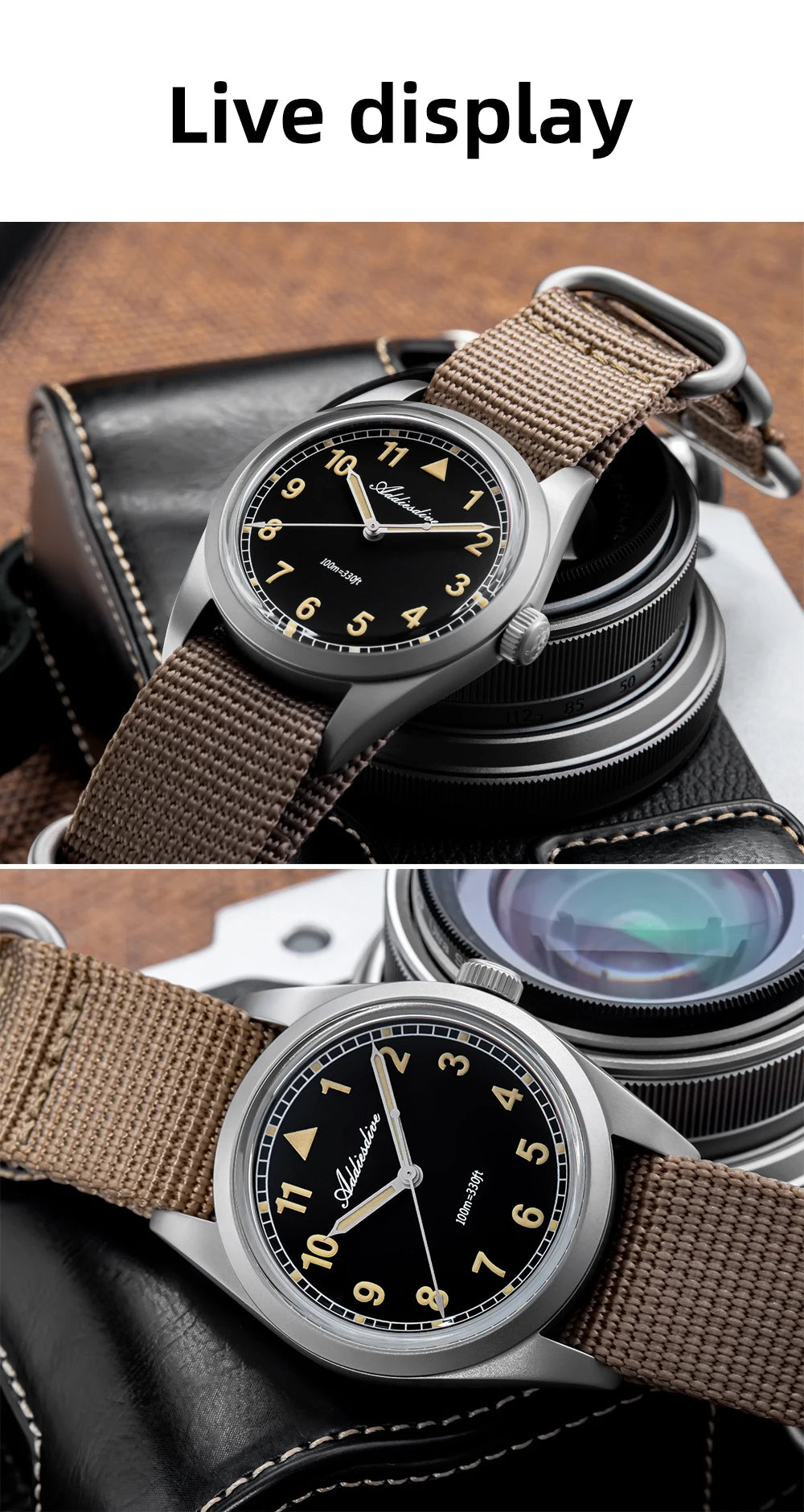 Orologio analogico da uomo ADDIESDIVE 36mm con vetro a specchio bombato, impermeabile 100m, luminoso, semplice, al quarzo, con cinturino in nylon