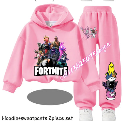 Sweats com Capuz Infantis Estampadas Fortnite, Conjunto Cartoon Confortável de 2 Peças, Tops Largos de Manga Comprida com Calças, Roupa de Outono/Inverno, Presente