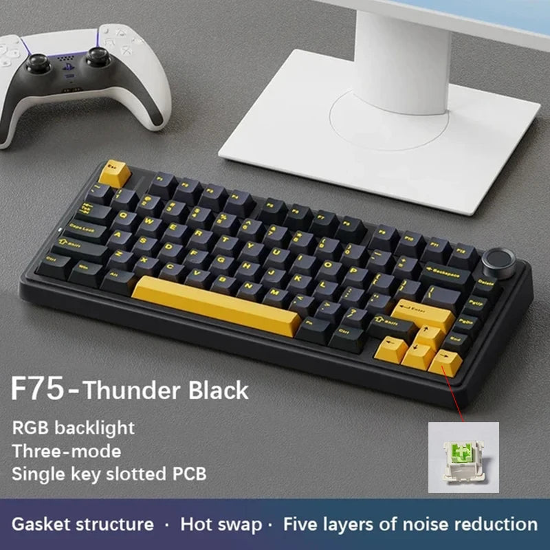 Teclado mecânico gaming AULA F75 RGB personalizado, layout 75%, gravação lateral, montagem gasket, 80 teclas, keycaps PBT em gradiente