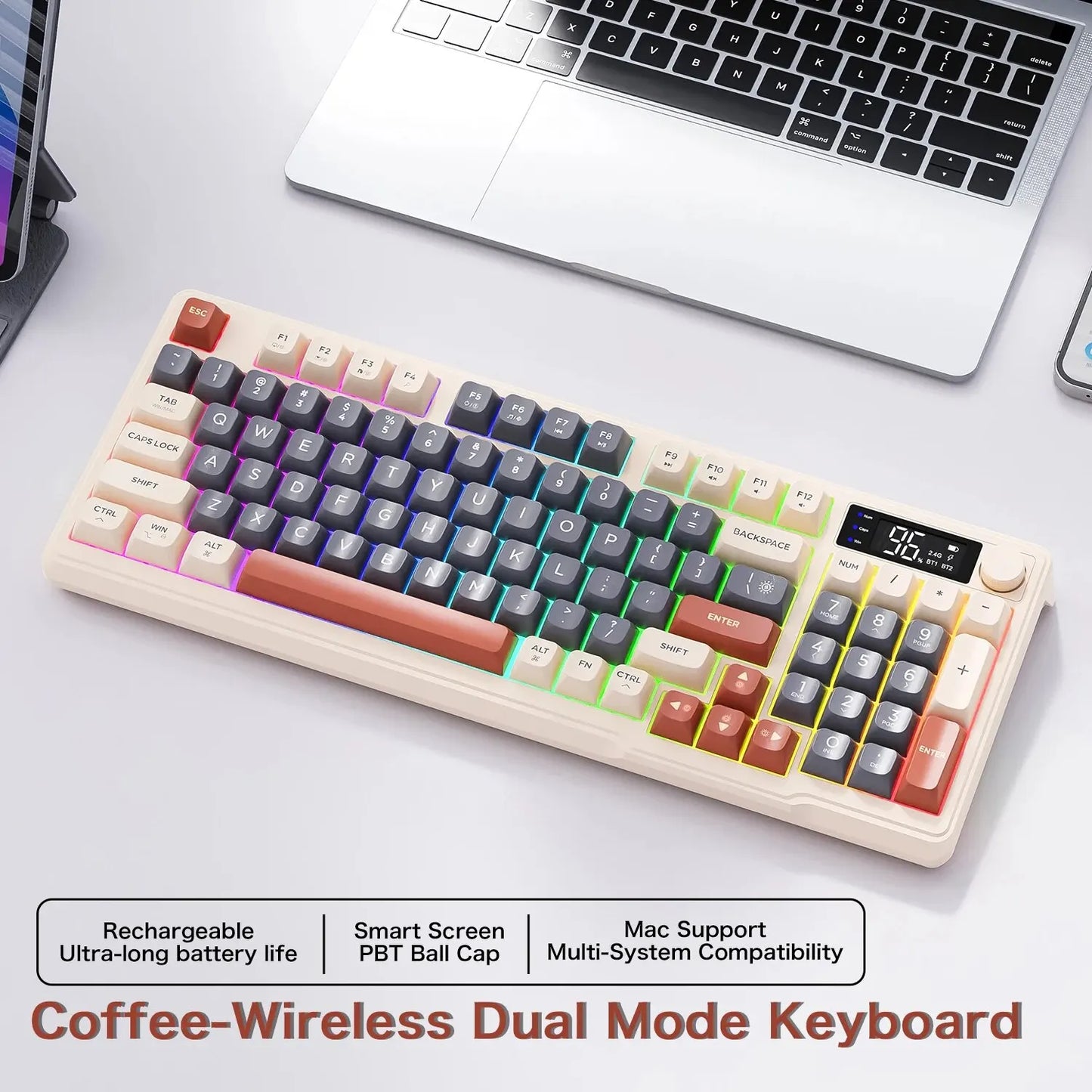 FreeWolf M96 Wireless Keyboard with Screen, Gaming Keyboard Bluetooth Dual-Mode Connection, Multi-Device Linking, Ergonomic