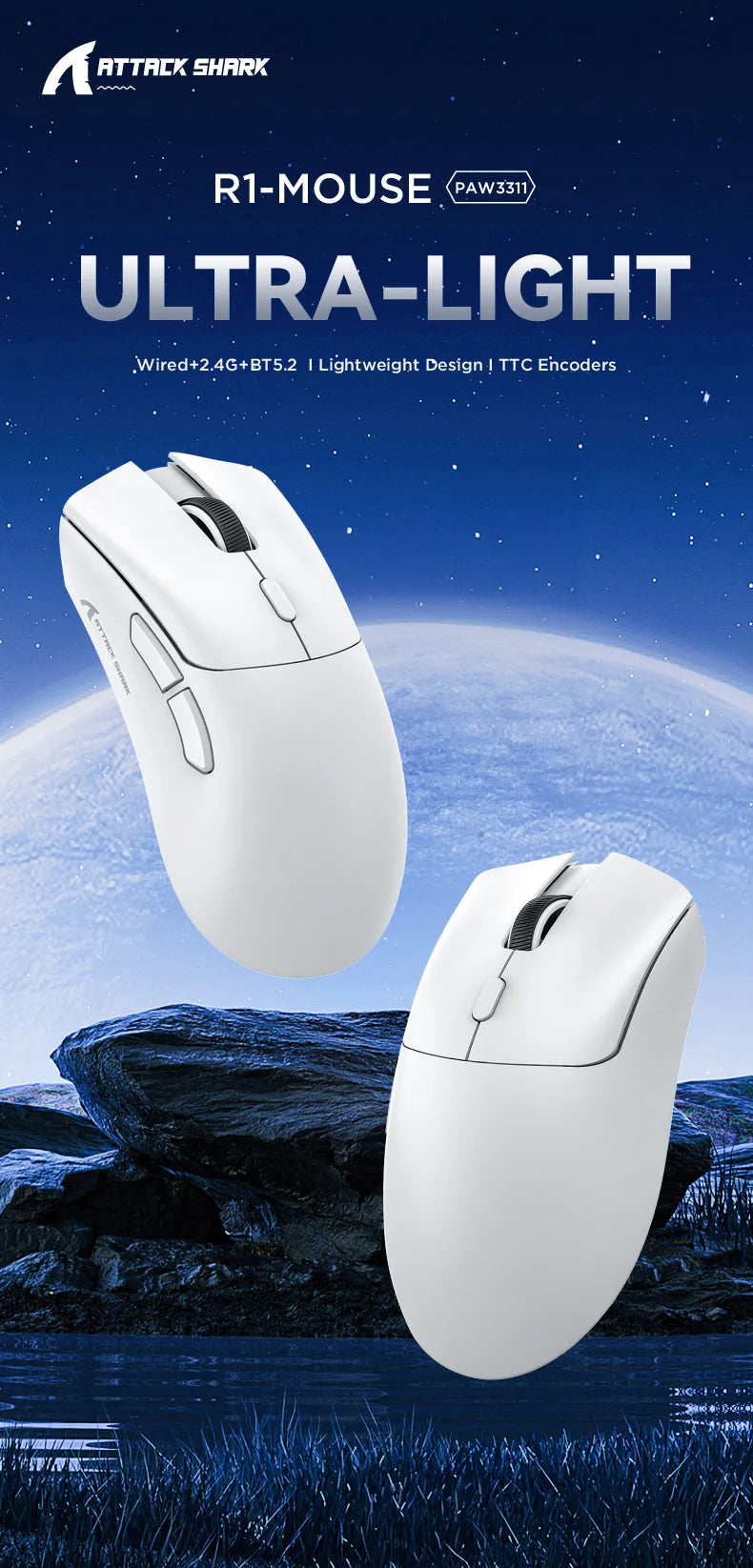 Attack Shark R1 Lekka bezprzewodowa mysz gamingowa Bluetooth 2.4G PAW3311 18000DPI ergonomiczna mysz z makrami