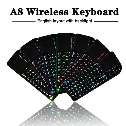 Teclado sem Fios A8 Mini 2.4G com Retroiluminação em 7 Cores, 3 em 1, Teclado Portátil com Touchpad e Air Mouse para Android TV Box, PC e Tablet