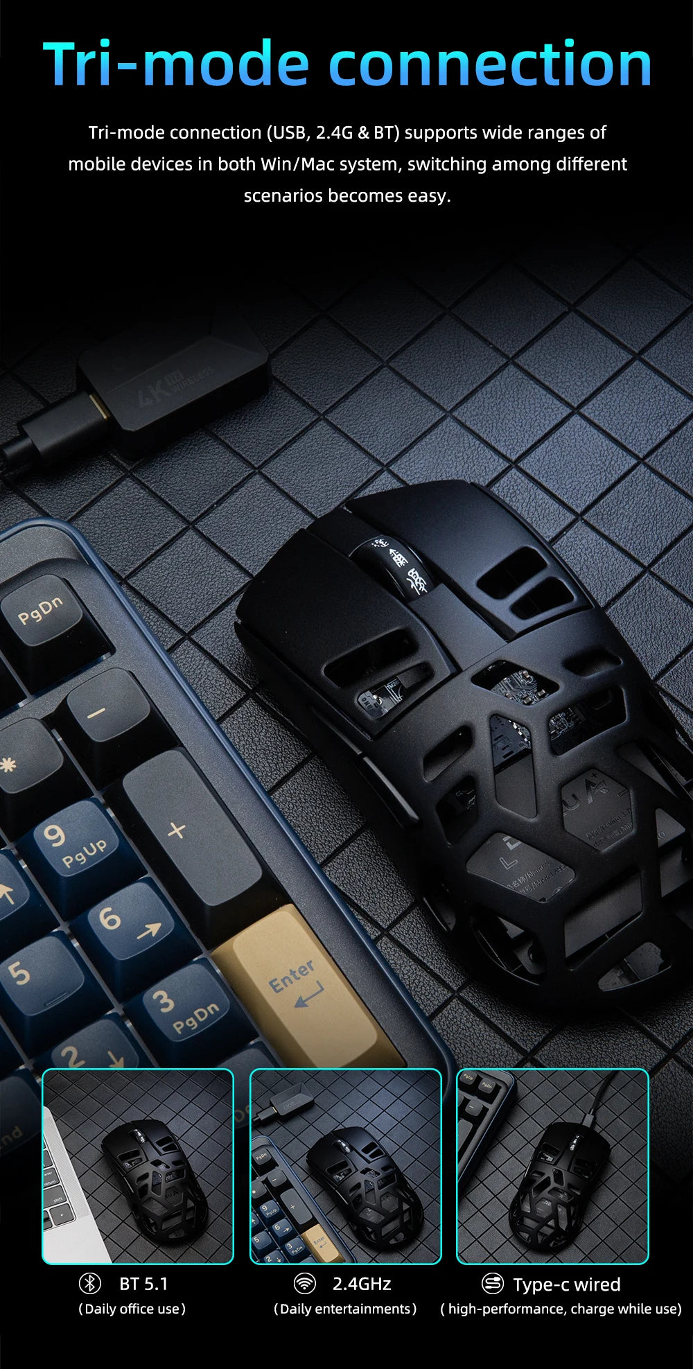 Rato Gaming Sem Fios DAREU Al-mg Tri-mode 8Khz PBT Quick Charge PAW3950 30000 DPI Leve para PC Gamer