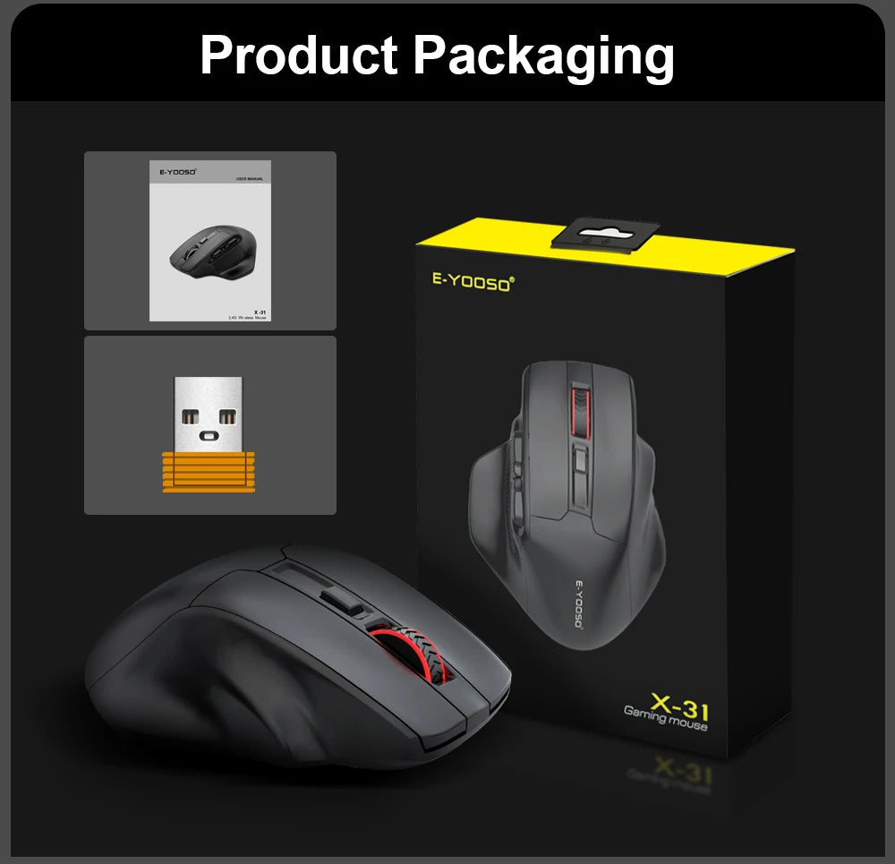 Mouse gaming E-YOOSO X-31 Pro USB, mare, cu suport Bluetooth 2.4G Wireless, PAW3212, 4800 DPI, pentru gameri, computer, laptop și PC