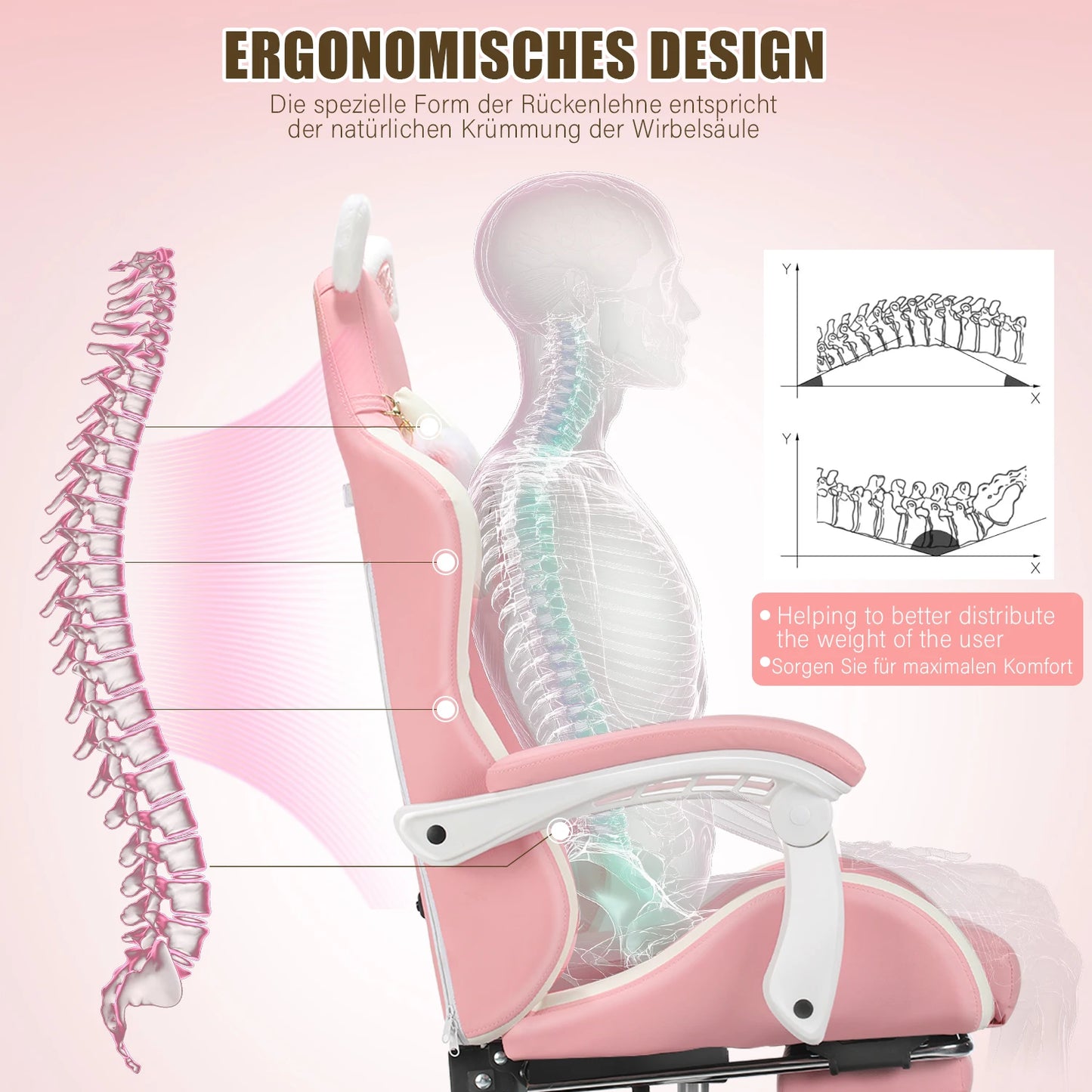 Gaming Chair with Cat Ears, Computer Armchair with Footrest and Lumbar Support, Height Adjustable Game Chair, 360°-Swivel Seat