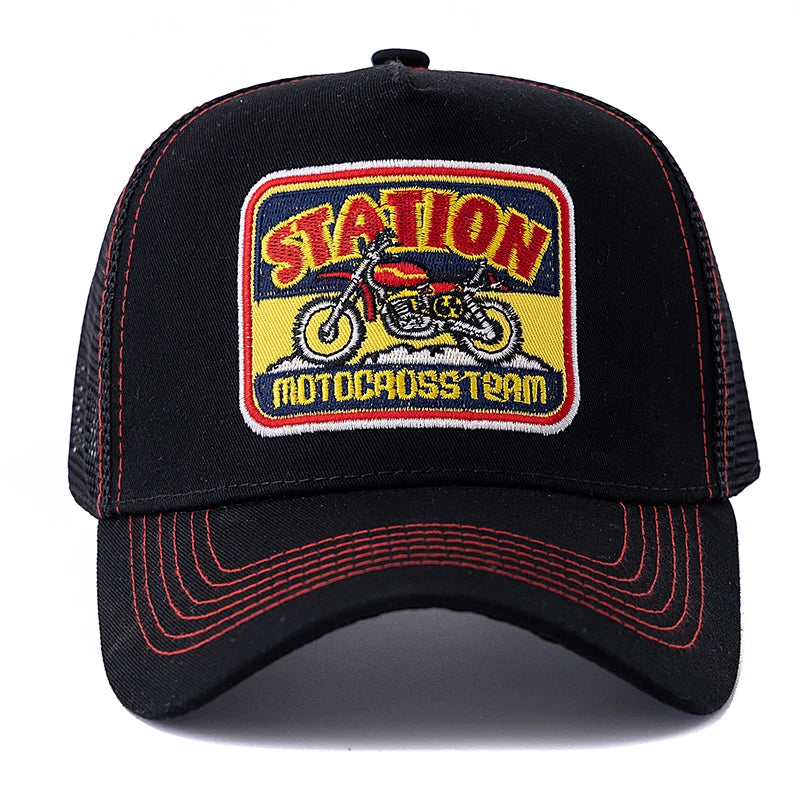 Unisex καπέλο Trucker με πλέγμα, κλασικό μοτίβο μοτοσικλέτας, αναπνεύσιμο καλοκαιρινό καπέλο μπέιζμπολ, καπέλο streetwear για άνδρες και γυναίκες