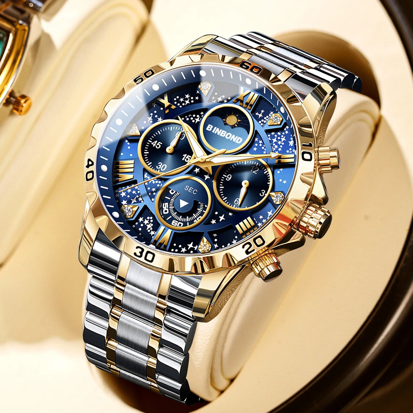 2026 Herrenuhr – leichter Luxus, Business-Stahlarmband, Mondphase, Sternennacht-Design, wasserdicht, modische Quarzuhr für Herren, Geschenk