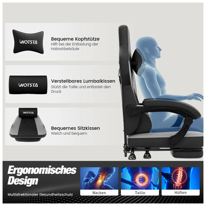 Sedia da gaming con poggiapiedi, ergonomica con cuscino lombare e poggiatesta, sedia da gaming regolabile in altezza per computer
