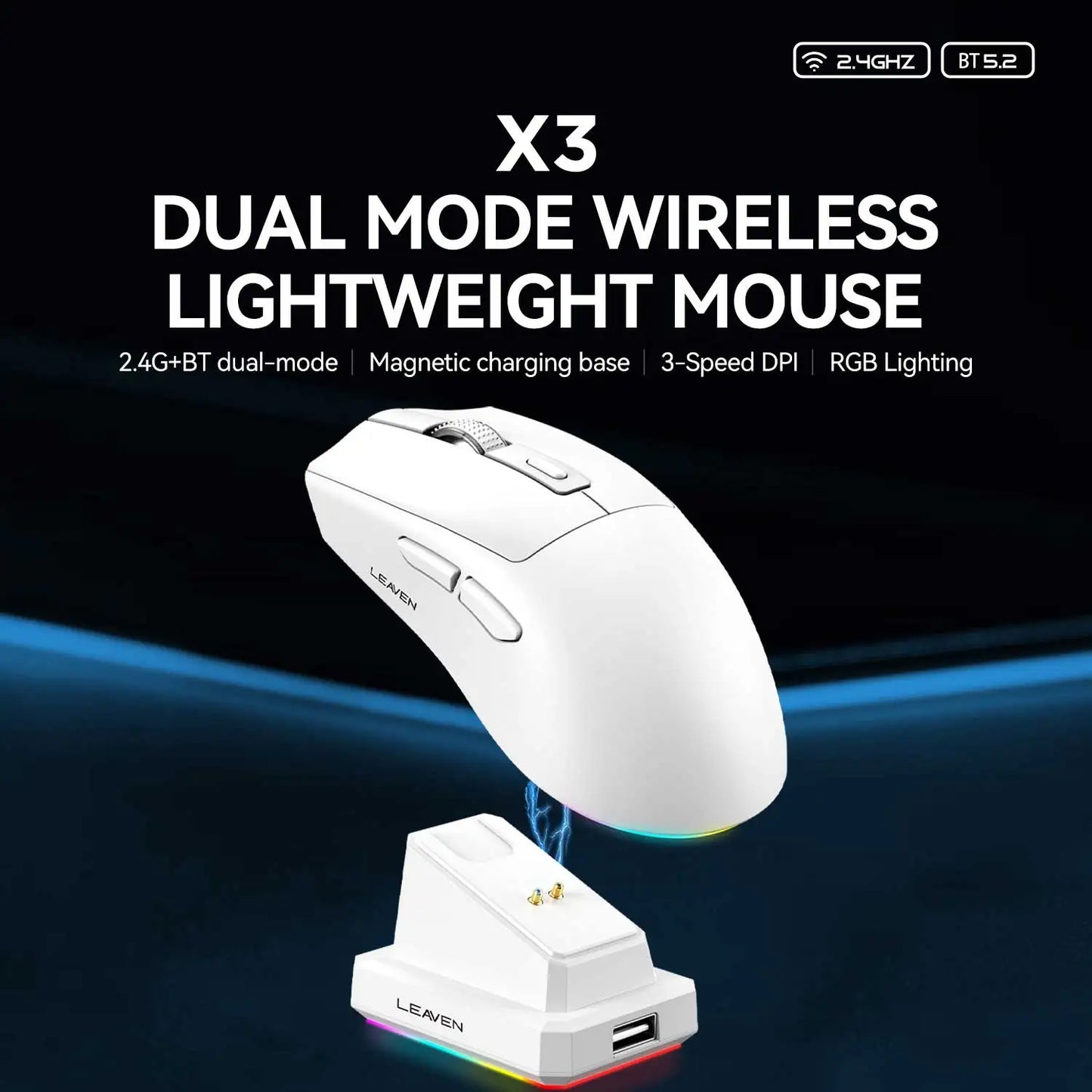 X3 Wireless Bluetooth Mouse 2.4G Dual-Mode Connection, DPI Adjustable, Lightweight Gaming Mouse, RGB Light, 300mAh Battery Capacity