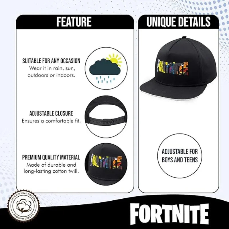 Fortnite Game Cap, Cartoon Black Hat for Adults, Outdoor Travel Adjustable Sun Baseball Sports Cap
