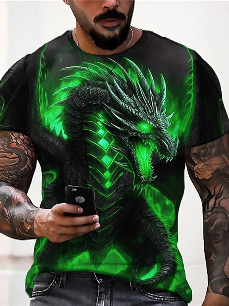 2024 zomer streetstyle heren-T-shirt, urban everyday casual top met korte mouwen, 3D-drakenprint, outdoor heren-T-shirt