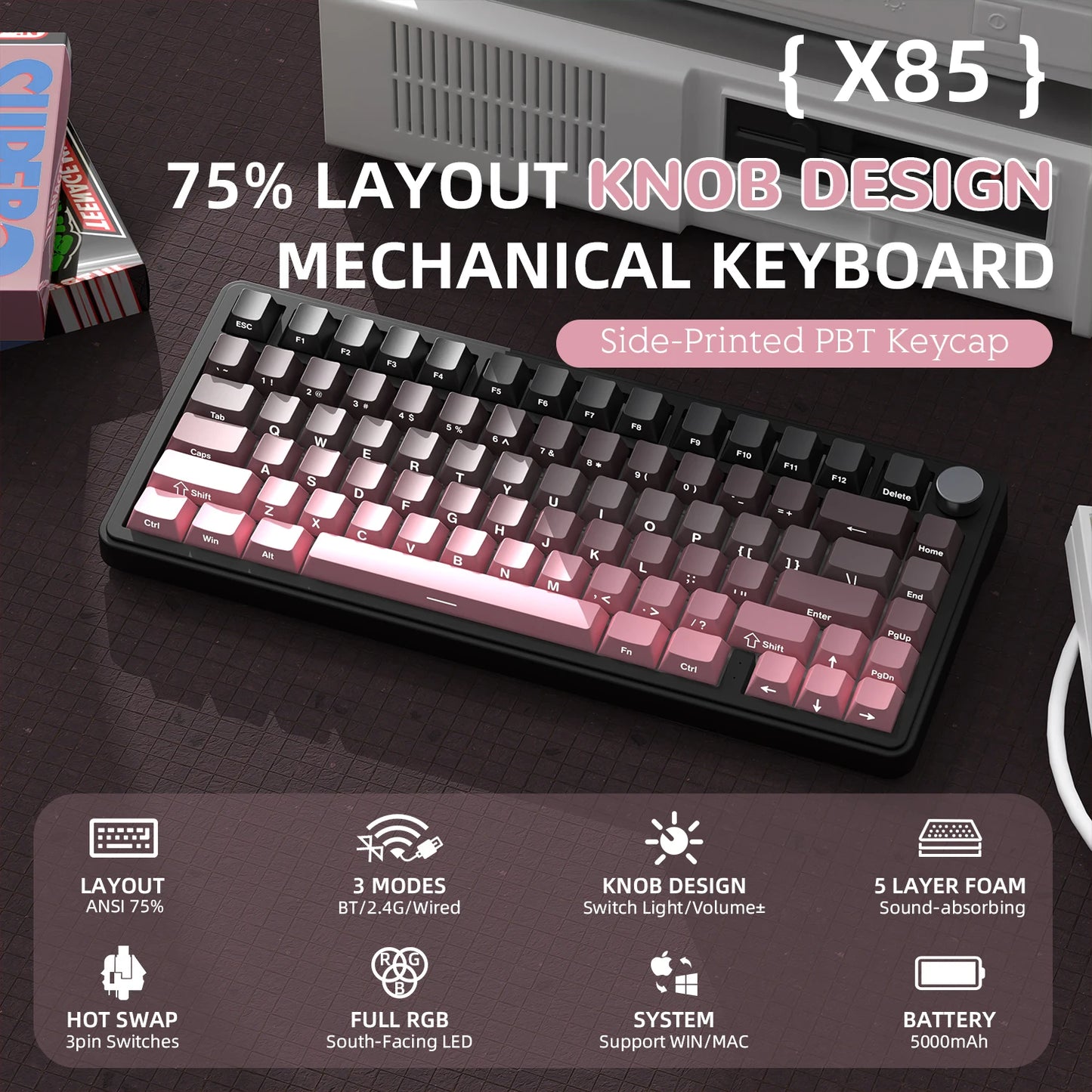 Teclado mecânico ATTACK SHARK X85 Tri-mode Gasket 75% com botão CNC, acolchoamento de 5 camadas, hot-swappable, retroiluminação RGB, NKRO