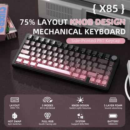 Teclado mecânico ATTACK SHARK X85 Tri-mode Gasket 75% com botão CNC, acolchoamento de 5 camadas, hot-swappable, retroiluminação RGB, NKRO