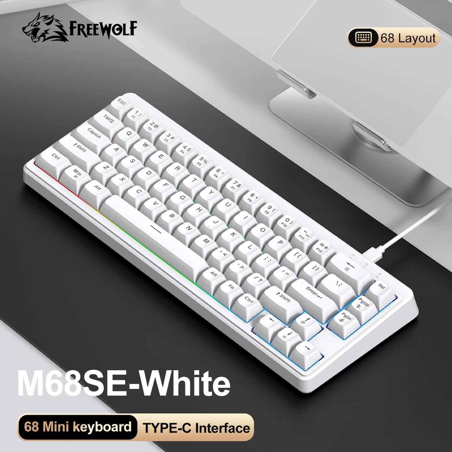 Teclado FREEWOLF M68SE com sensação mecânica, 68 teclas, mini teclado compacto com fios, silencioso, para portáteis, gaming e utilização em escritório