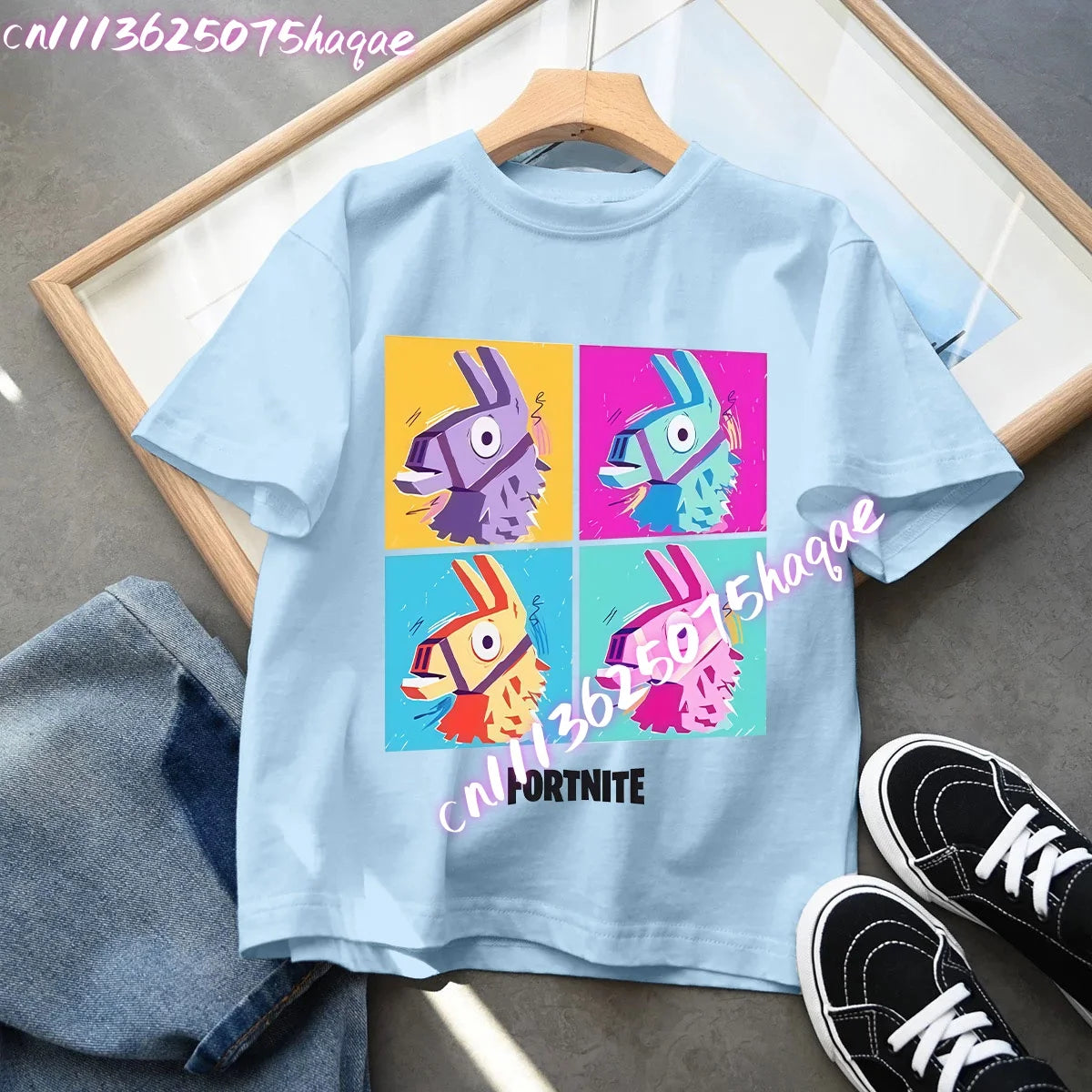 T-shirt azul de algodão Fortnite para criança, camisola de manga curta Fortress Night para bebé, top kawaii com desenho animado para menino e menina, roupa de verão, prenda