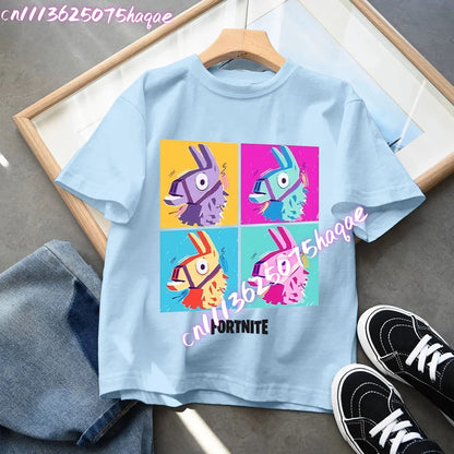 T-shirt azul de algodão Fortnite para criança, camisola de manga curta Fortress Night para bebé, top kawaii com desenho animado para menino e menina, roupa de verão, prenda