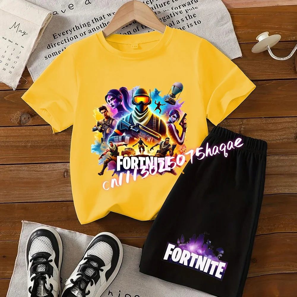 Angesagtes Fortnite-Kinder-Set mit T-Shirt und Shorts, Cartoon-Figur-Print, Sommer-Freizeit-Sportbekleidung für Jungen