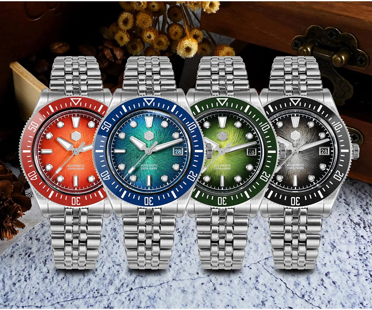 San Martin 40mm Luxus-Taucheruhr für Herren, Miyota 9015, Sunburst-Emaille-Zifferblatt, automatische mechanische Armbanduhr, wasserdicht bis 200m, SN0148