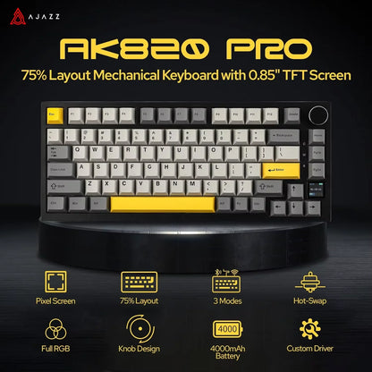 Ajazz AK820 Pro Gaming Mechanical Keyboard 75% Bluetooth/Wireless Customized Gamer Keyboard with TFT Color Screen Knob for PC