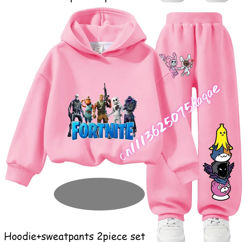 Sweats com Capuz Infantis Estampadas Fortnite, Conjunto Cartoon Confortável de 2 Peças, Tops Largos de Manga Comprida com Calças, Roupa de Outono/Inverno, Presente