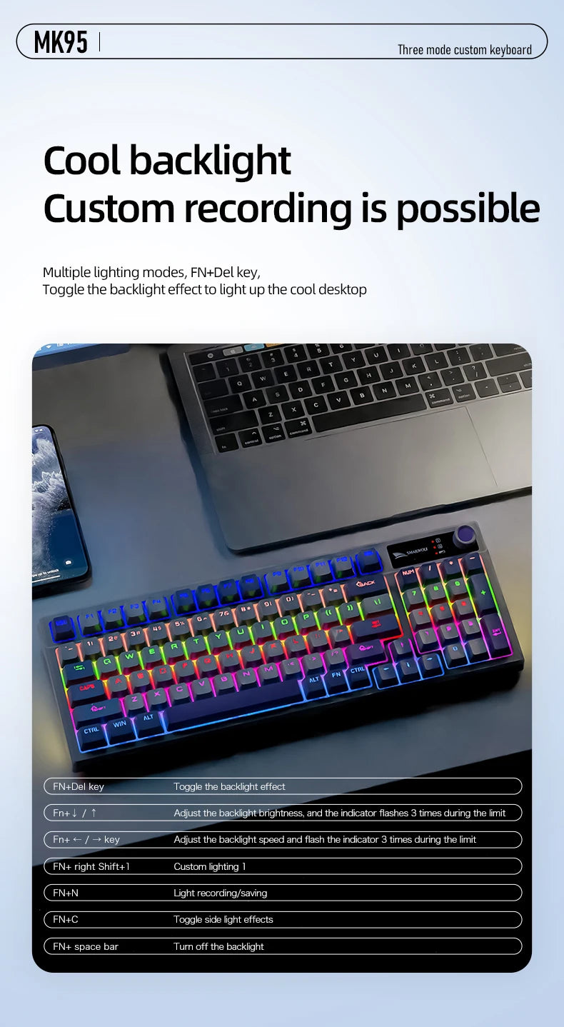 SMAILWOLF MK95 Bluetooth 무선 한국어 맞춤형 기계식 키보드 e-스포츠 3 모드 노트북 오피스 게임 풀 키 핫 스왑 가능 RGB 조명 효과