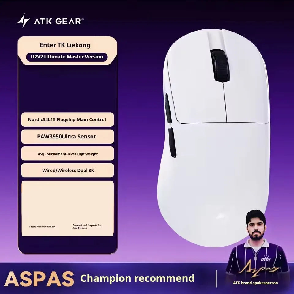 NEW ATK U2 V2 Mini Ultimate Wireless Gaming Mouse Tri-model Lightweight PAW3950 Ultra 8KHz 500mAh Custom Ergonomic E-sports Mouse