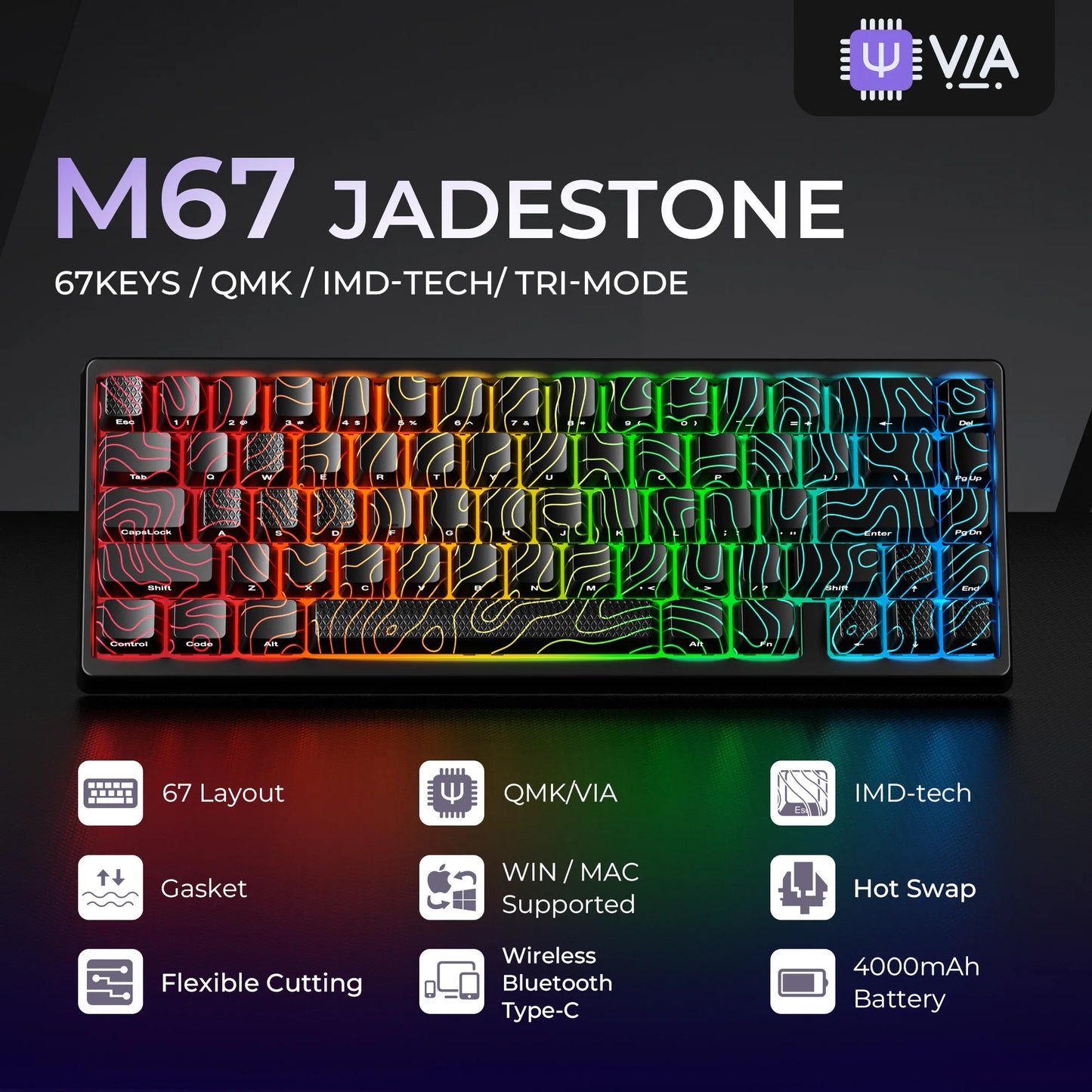 Teclado Mecânico Sem Fios XVX M67 JadeStone com Teclas IMD-Tech Tri-Mode, Teclado Gamer Branco Topographic com Design Gasket