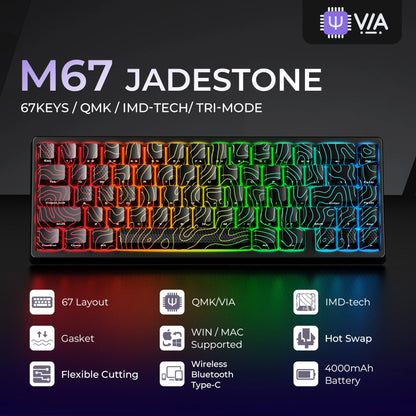 Teclado Mecânico Sem Fios XVX M67 JadeStone com Teclas IMD-Tech Tri-Mode, Teclado Gamer Branco Topographic com Design Gasket