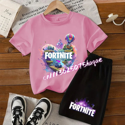 Angesagtes Fortnite-Kinder-Set mit T-Shirt und Shorts, Cartoon-Figur-Print, Sommer-Freizeit-Sportbekleidung für Jungen