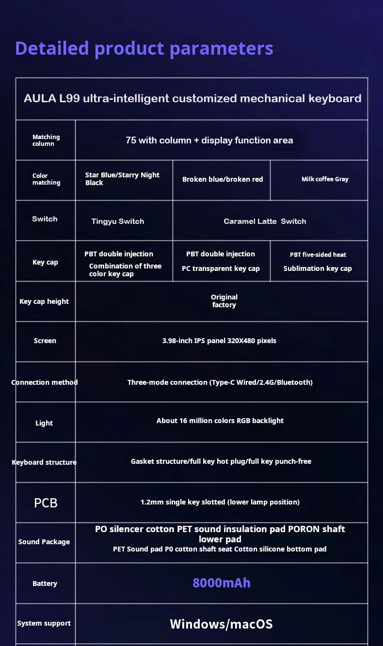 Teclado mecânico AULA L99 com ecrã inteligente, Bluetooth sem fios, tri-modo, teclado gaming noturno para portátil, 8000mAh, switch Raindrop