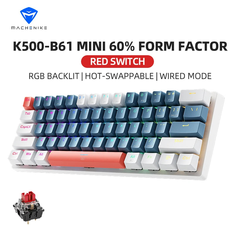 K500-B61 Machenike Mini Teclado Mecânico 60% 61 Teclas Gaming com Fio, Totalmente Hot-Swappable, Retroiluminação RGB