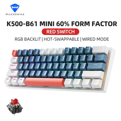 K500-B61 Machenike Mini Teclado Mecânico 60% 61 Teclas Gaming com Fio, Totalmente Hot-Swappable, Retroiluminação RGB