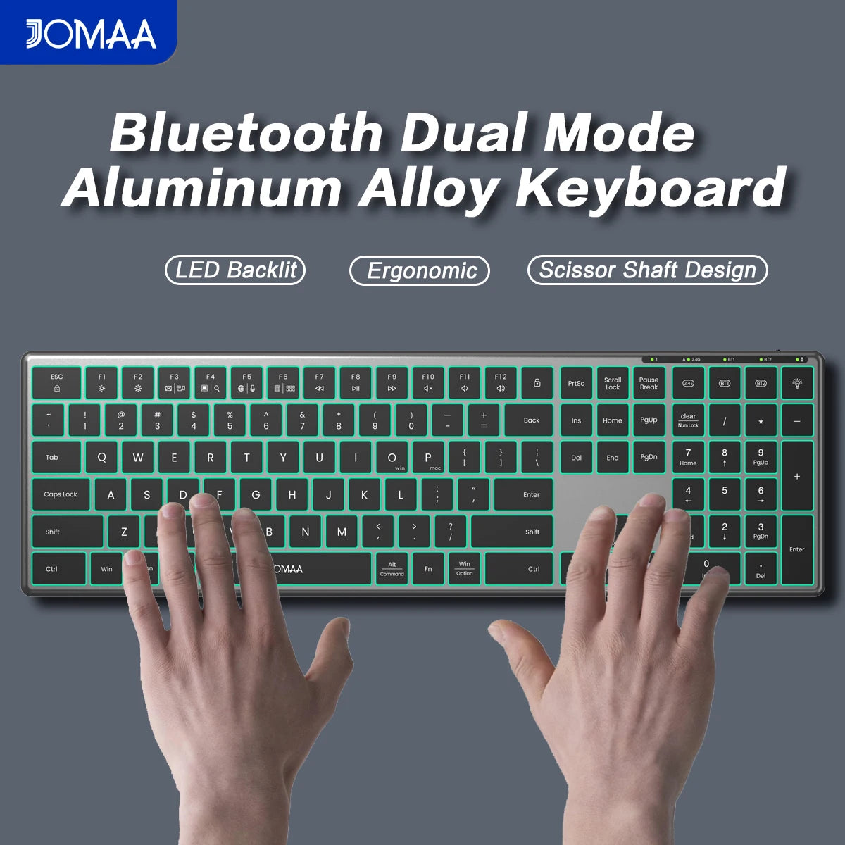 Jomaa Wireless Bluetooth Keyboard Multi-Device Full Size Wireless Backlight Keyboard with Number Pad, for Windows/PC/Laptop/Phone