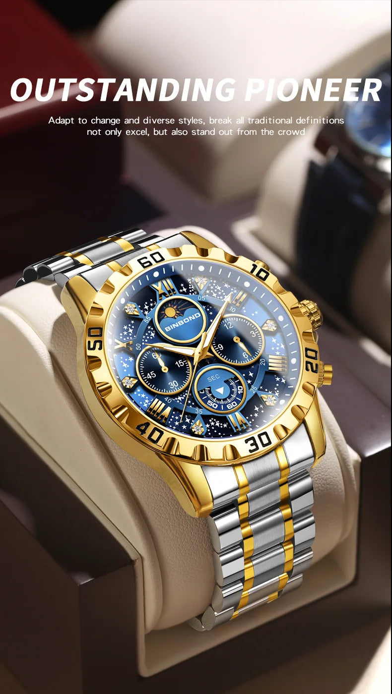 2026 Herrenuhr – leichter Luxus, Business-Stahlarmband, Mondphase, Sternennacht-Design, wasserdicht, modische Quarzuhr für Herren, Geschenk